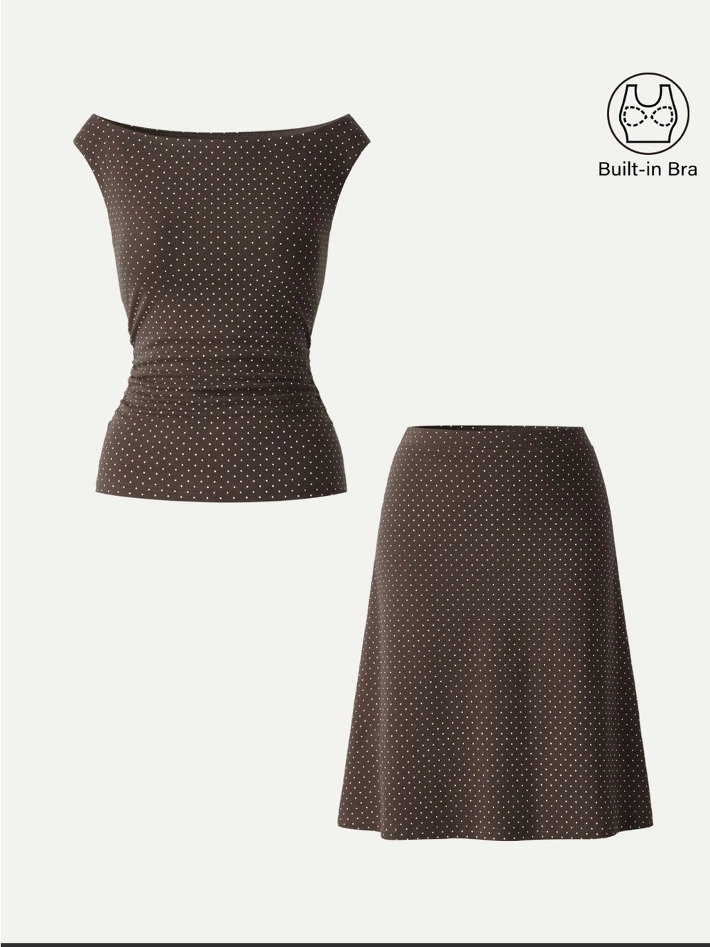 OGL Stretch Cotton Brown/White Polka Dot Set Large Top & Skirt Charming! NWT